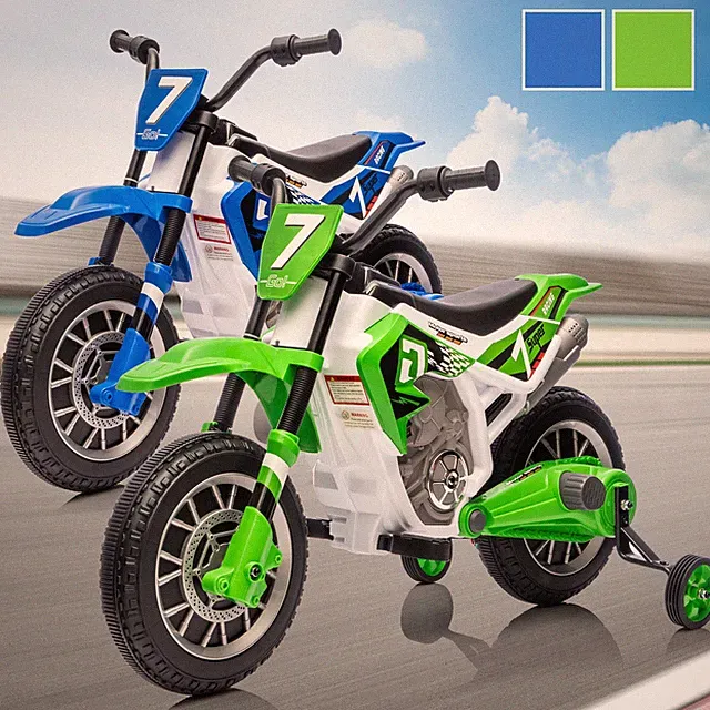 Blue/Green 12V Kids Electronic Ride-On Motorcycle Dirt Bike with Training Wheels