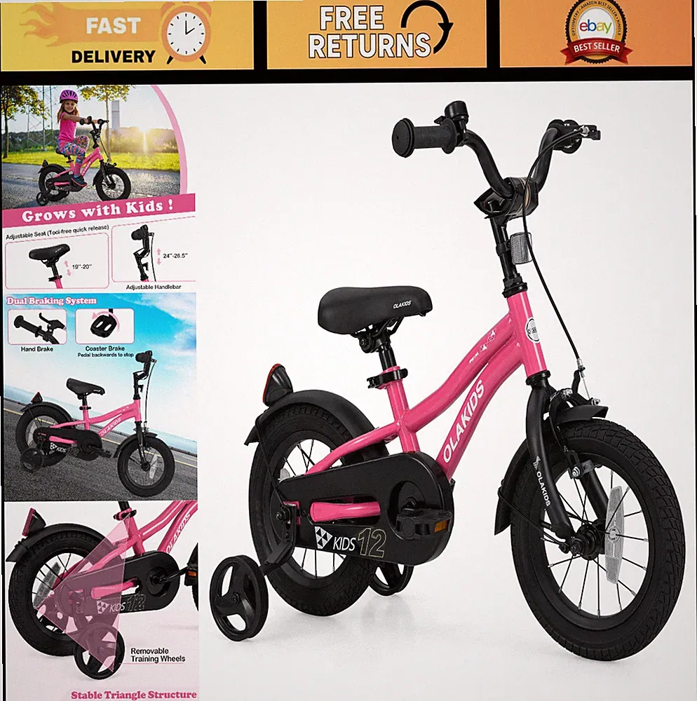 Kids Bicycle 12 14 16 18 Inch with Training Wheels, Adjustable Seat, Handbrake