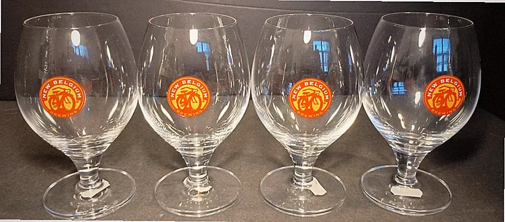 New Belgium Fat Tire Bicycle Footed Beer Globe Glass 12oz Set of 4 Mancave Bar