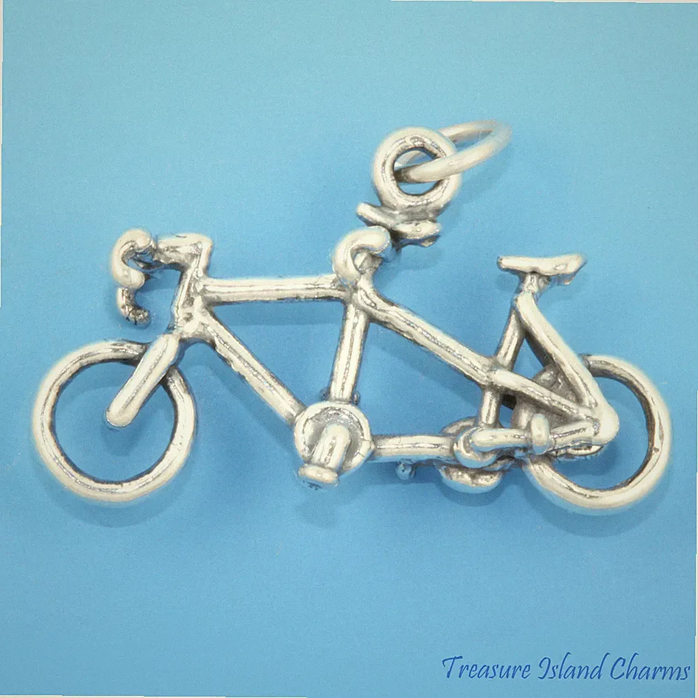 Tandem Bicycle Twin 3D 925 Solid Sterling Silver Charm Bike Cycling MADE IN USA